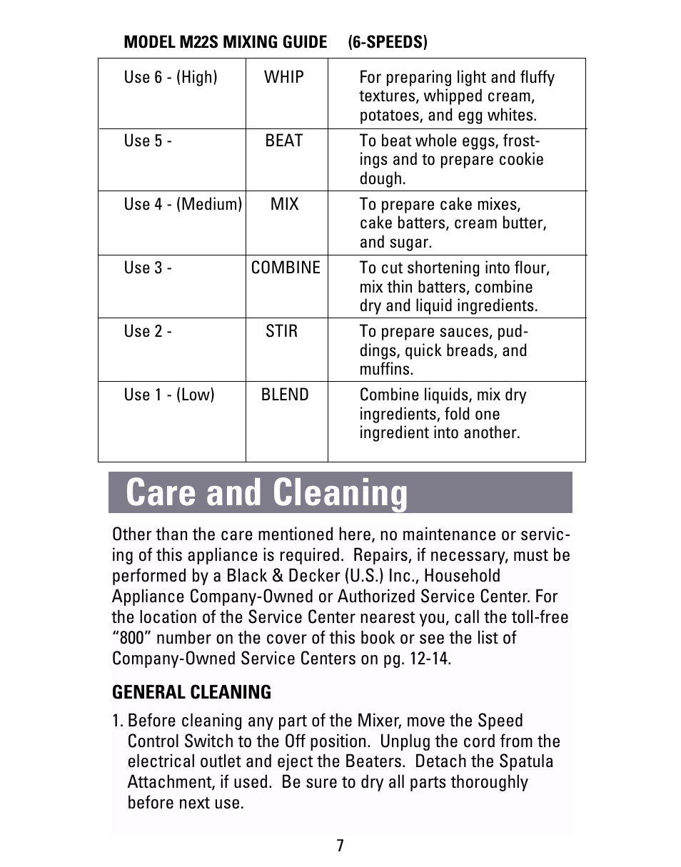 Care & cleaning, Care and cleaning | Black & Decker M22S User Manual | Page 7 / 16