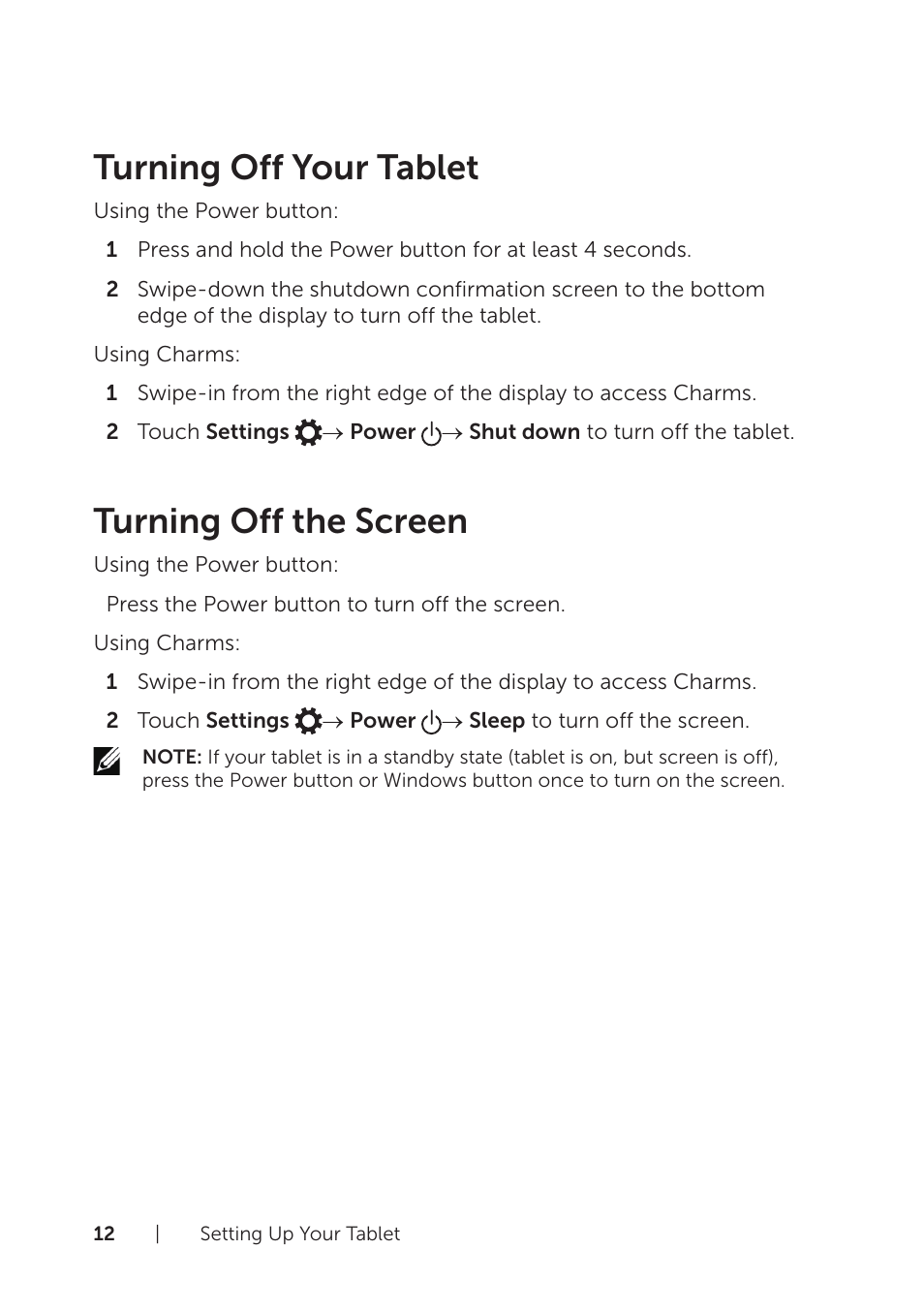 Turning off your tablet, Turning off the screen, Turning off your tablet turning off the screen | Dell Venue 8 Pro User Manual | Page 12 / 36