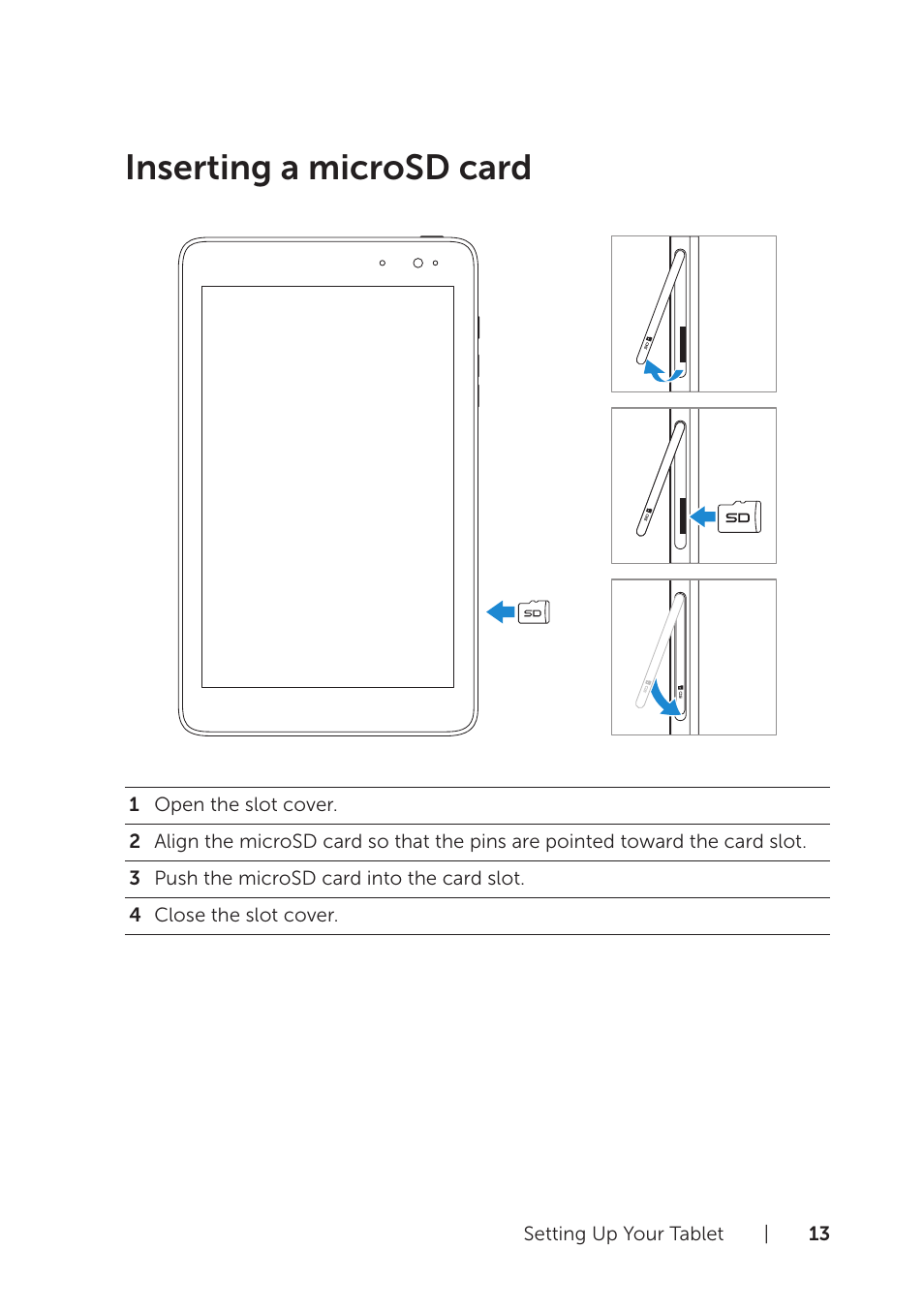 Inserting a microsd card | Dell Venue 8 Pro User Manual | Page 13 / 36