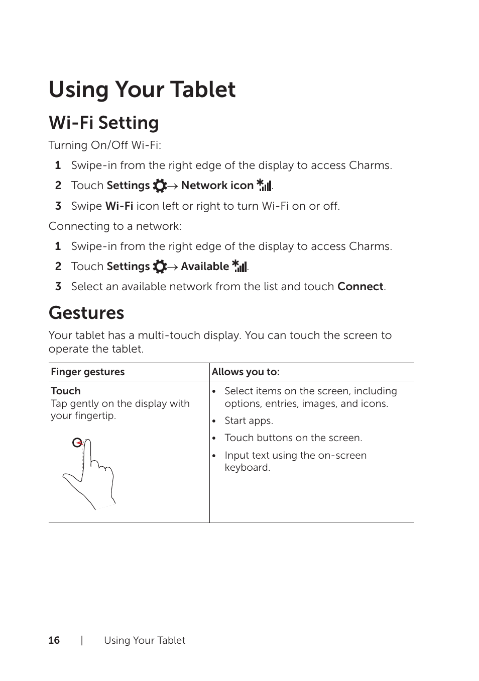 Using your tablet, Wi-fi setting, Gestures | Wi-fi setting gestures | Dell Venue 8 Pro User Manual | Page 16 / 36