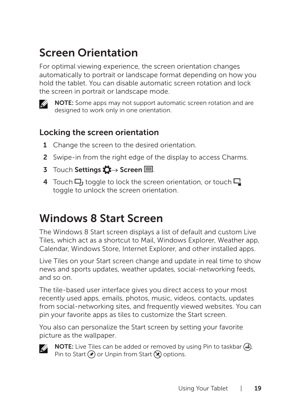 Screen orientation, Windows 8 start screen, Screen orientation windows 8 start screen | Locking the screen orientation | Dell Venue 8 Pro User Manual | Page 19 / 36