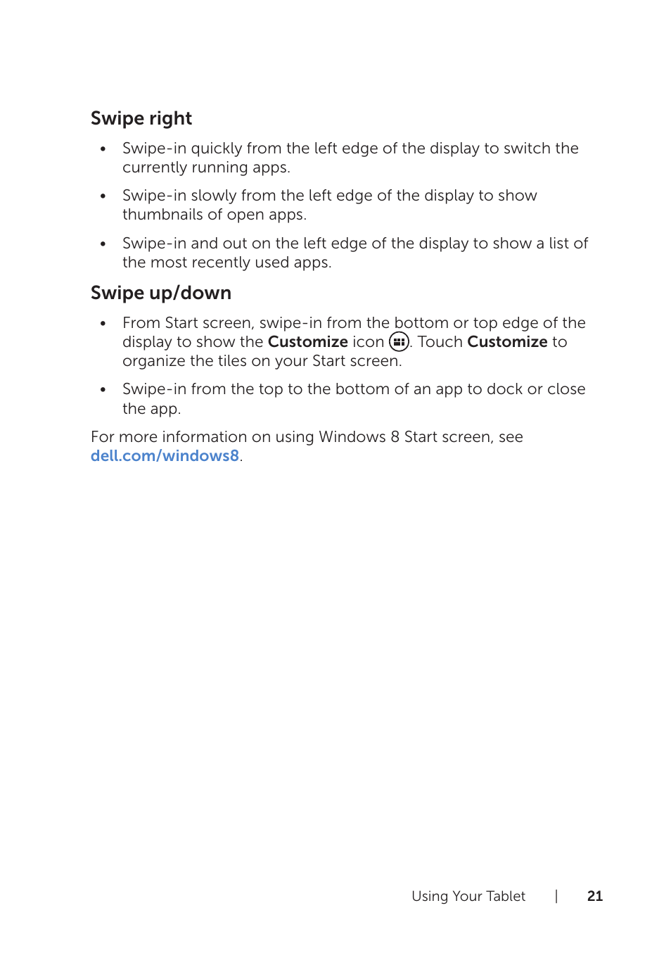Swipe right, Swipe up/down | Dell Venue 8 Pro User Manual | Page 21 / 36