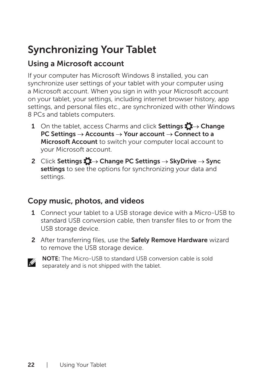 Synchronizing your tablet, Using a microsoft account, Copy music, photos, and videos | Dell Venue 8 Pro User Manual | Page 22 / 36