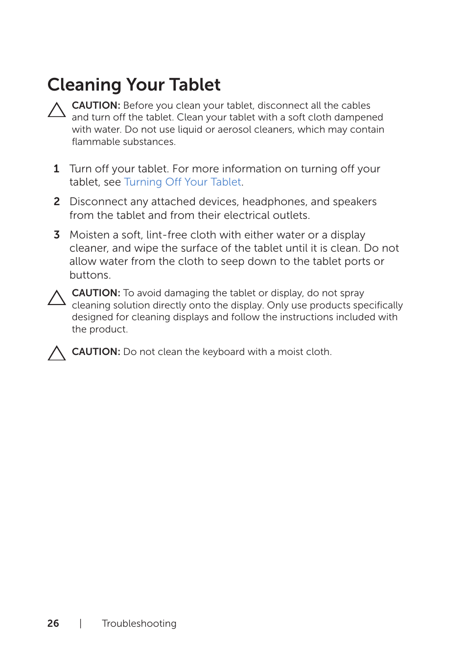 Cleaning your tablet | Dell Venue 8 Pro User Manual | Page 26 / 36