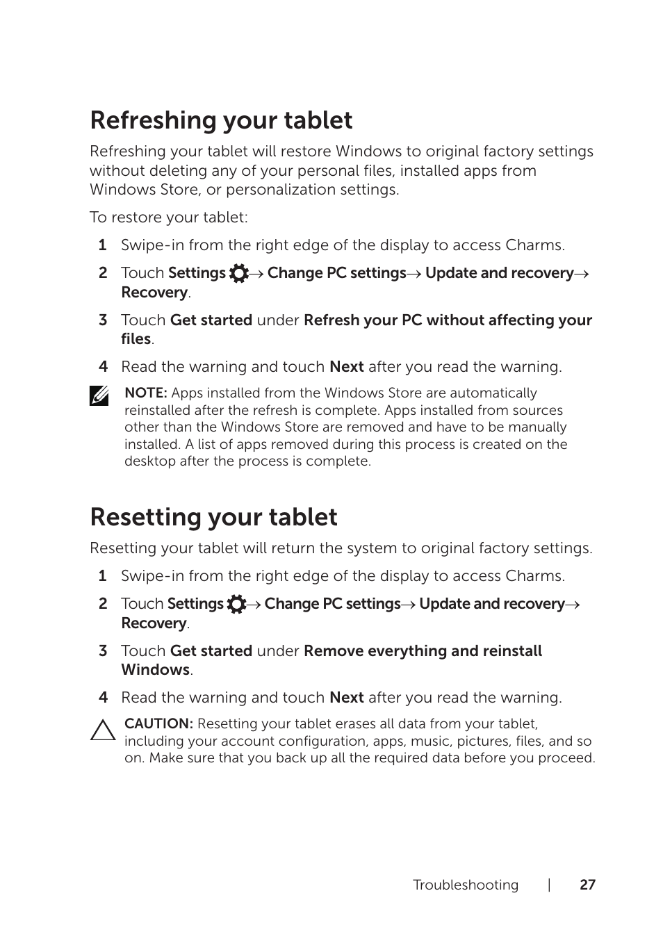 Refreshing your tablet, Resetting your tablet, Refreshing your tablet resetting your tablet | Reset your tablet | Dell Venue 8 Pro User Manual | Page 27 / 36