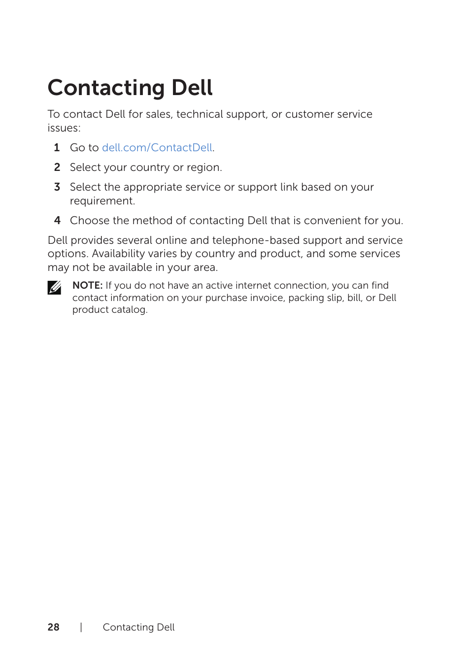 Contacting dell | Dell Venue 8 Pro User Manual | Page 28 / 36