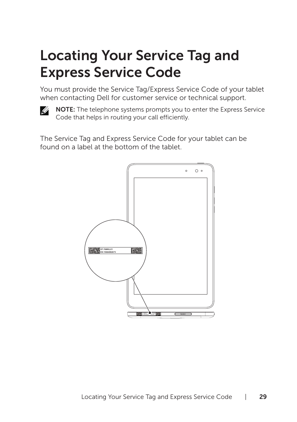 Locating your service tag and express service code | Dell Venue 8 Pro User Manual | Page 29 / 36