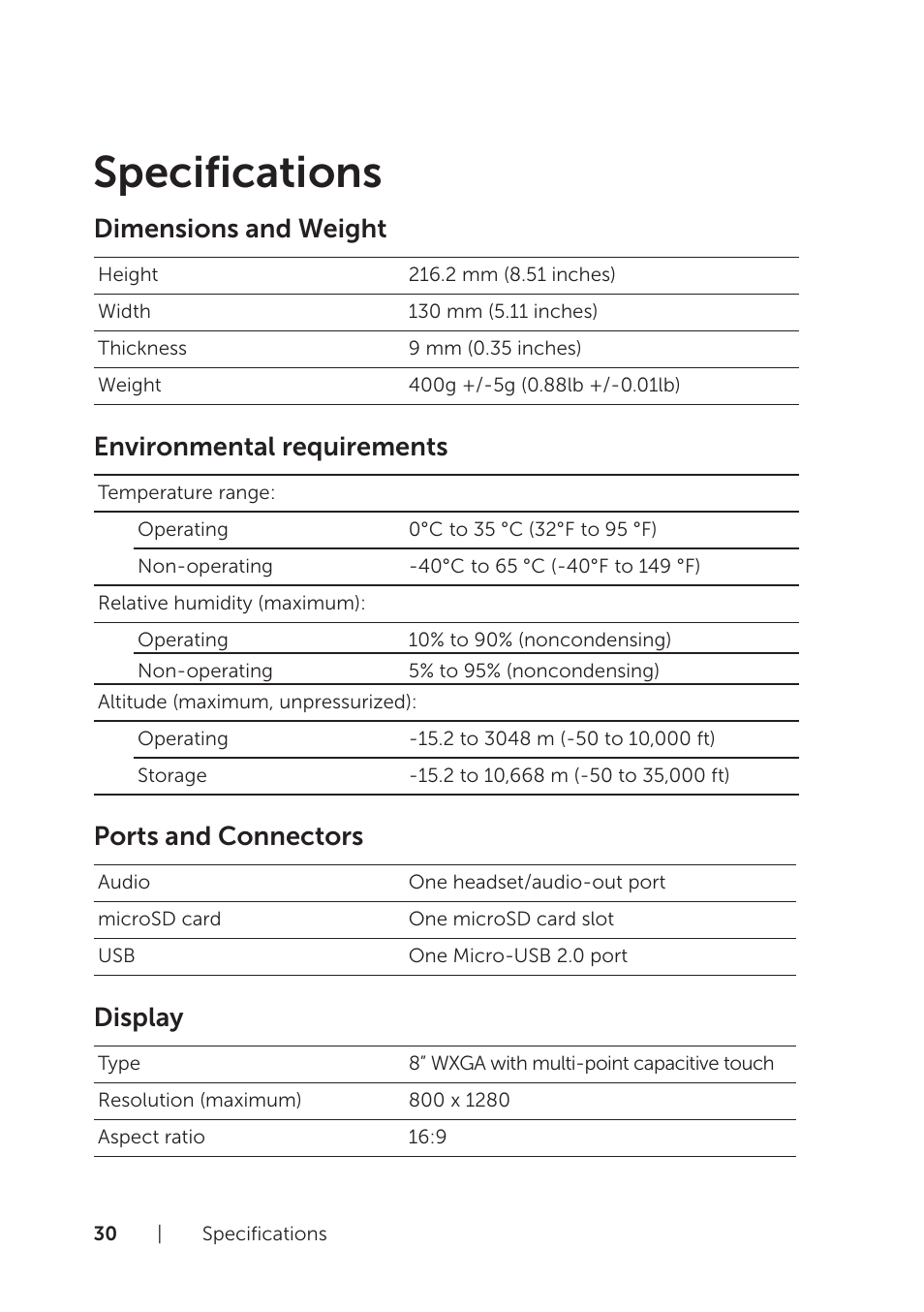 Specifications, Dimensions and weight, Environmental requirements | Ports and connectors, Display | Dell Venue 8 Pro User Manual | Page 30 / 36