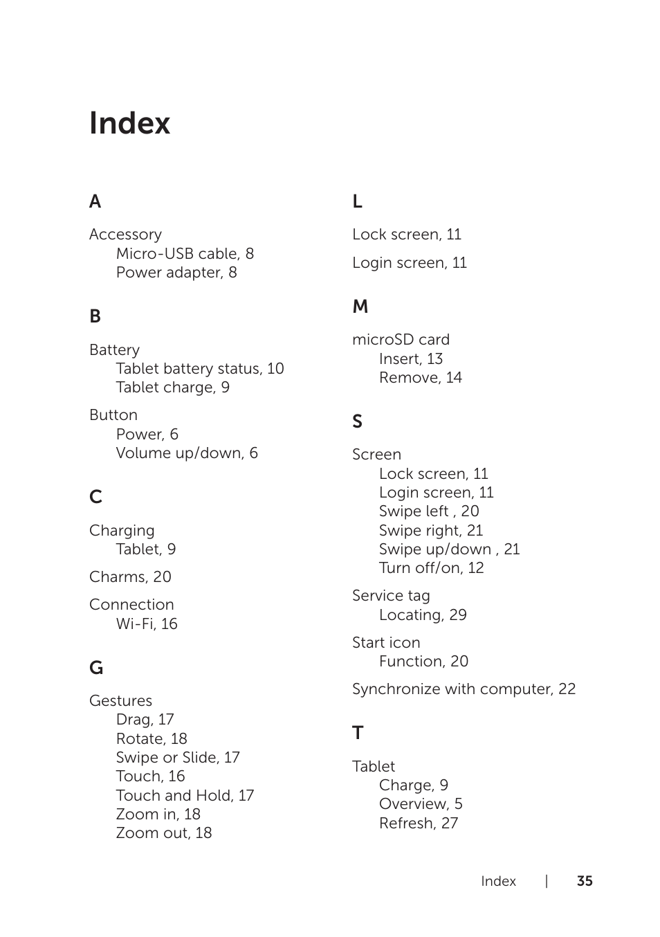 Index | Dell Venue 8 Pro User Manual | Page 35 / 36