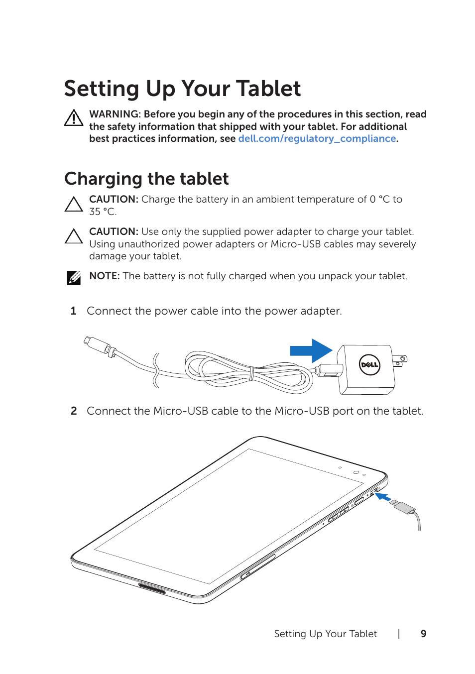 Setting up your tablet, Charging the tablet | Dell Venue 8 Pro User Manual | Page 9 / 36