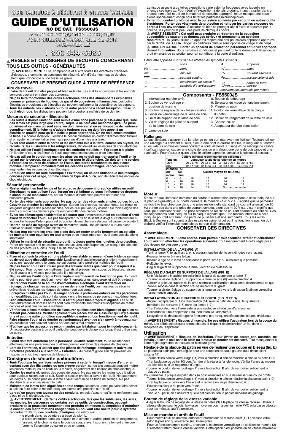 Guide d’utilisation, Conserver ces directives, Utilisation | Composants - fs5500js, No de cat. fs5500js, Conserver le présent guide à titre de référence | Black & Decker Fire Storm 587384-01 User Manual | Page 3 / 5