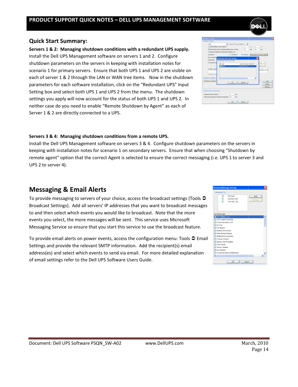 Essaging, Email a, Alerts | Quic, Ck start su, Ummary | Dell UPS 500T User Manual | Page 14 / 14