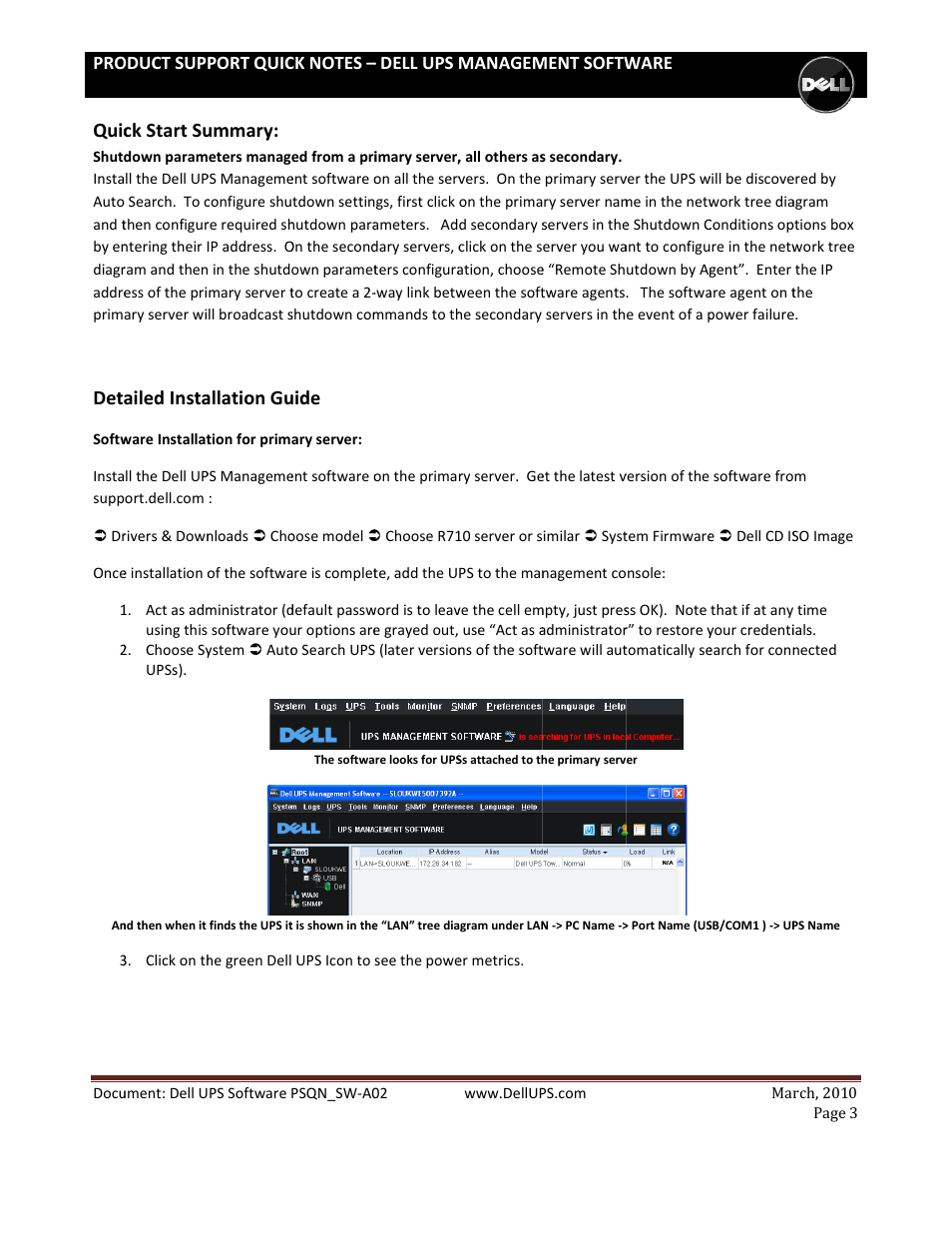 Quic, Ck start su, Ailed insta | Ummary, Allation gu, Uide | Dell UPS 500T User Manual | Page 3 / 14