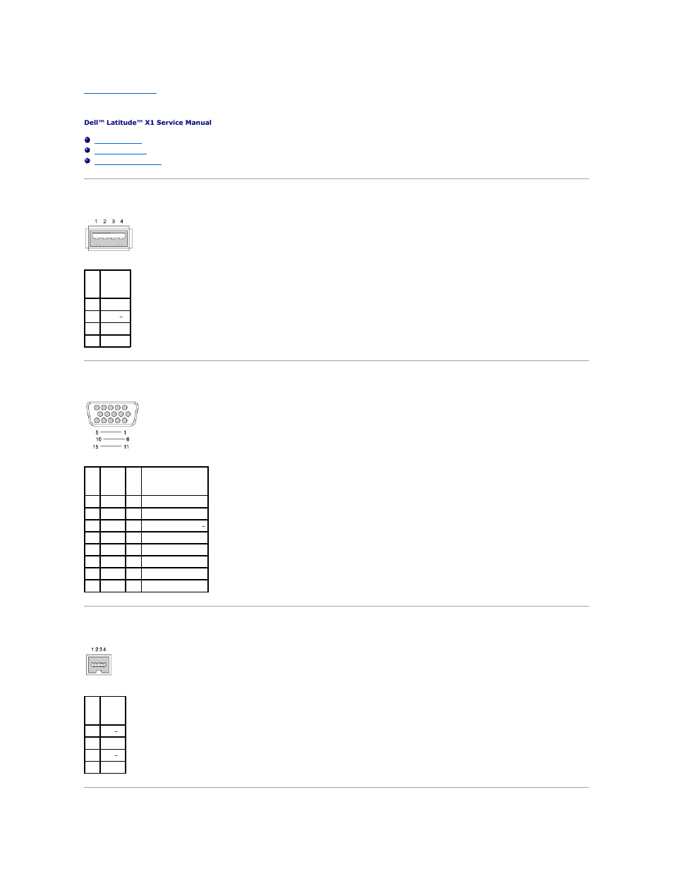 Pin assignments for i/o connectors, Usb connector, Video connector | Ieee 1394 connector | Dell Latitude X1 User Manual | Page 26 / 38