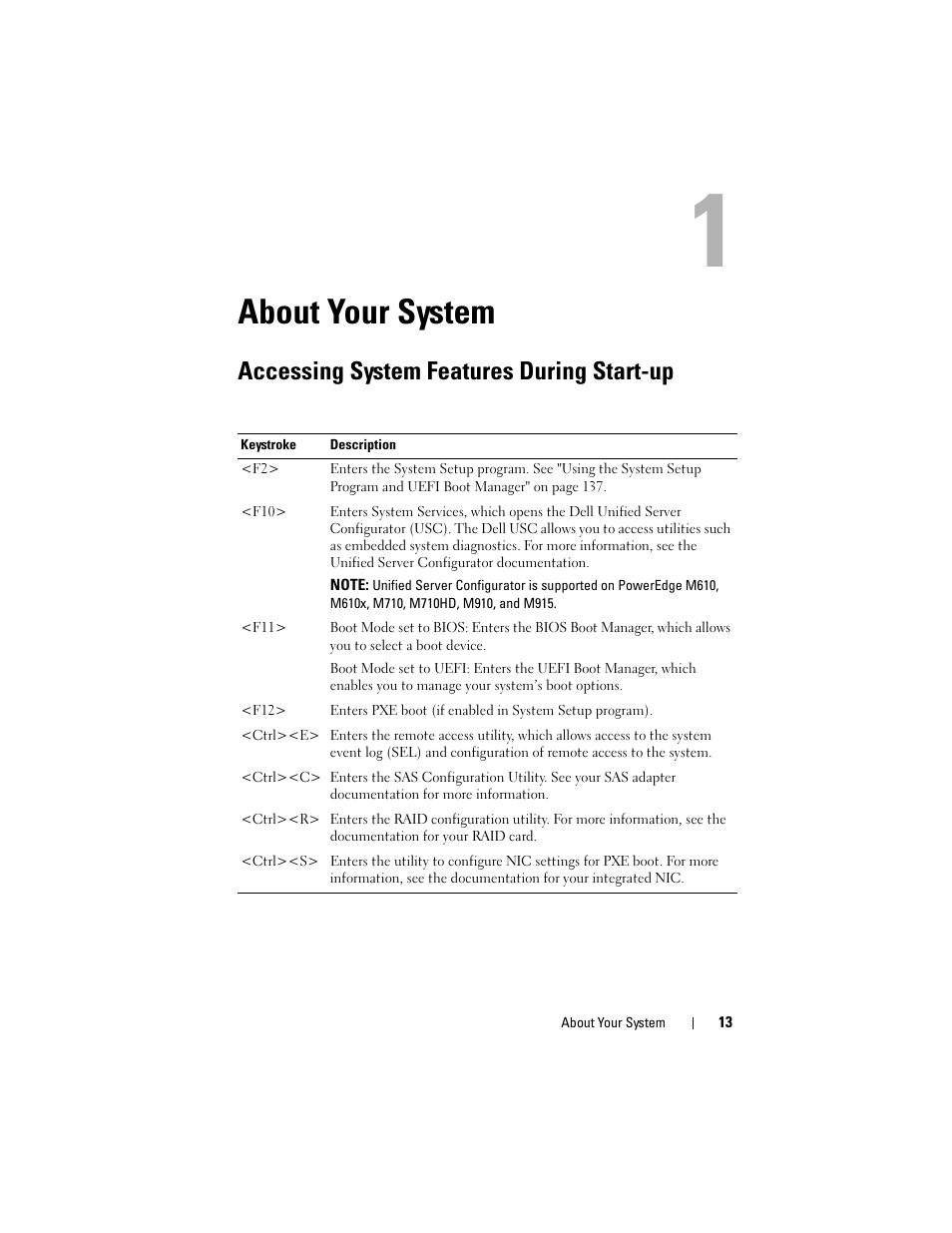 About your system, Accessing system features during start-up | Dell PowerEdge M610 User Manual | Page 13 / 368