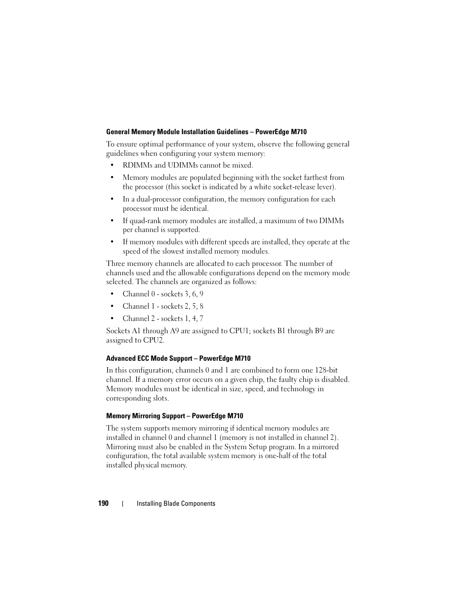 Advanced ecc mode support - poweredge m710, Memory mirroring support - poweredge m710 | Dell PowerEdge M610 User Manual | Page 190 / 368