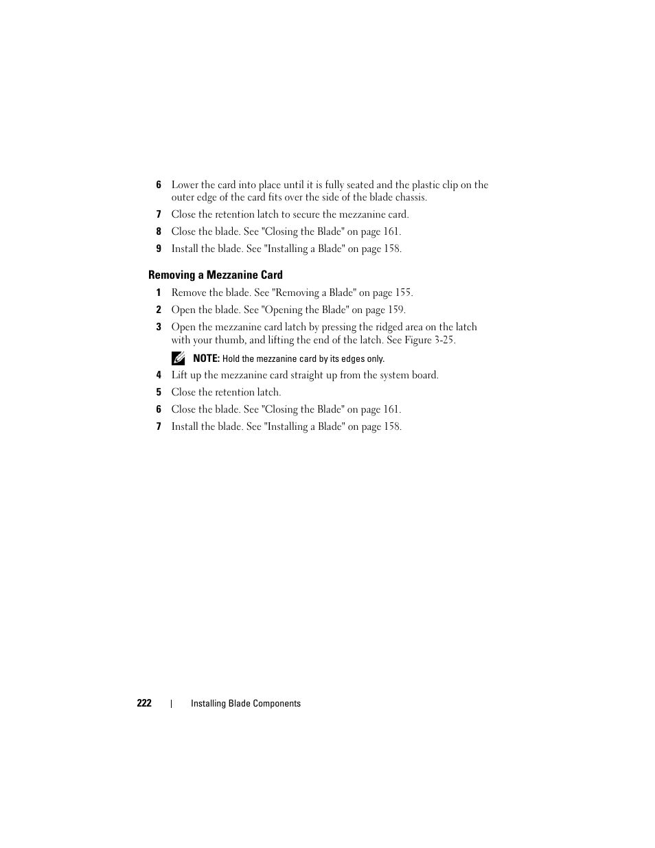 Removing a mezzanine card | Dell PowerEdge M610 User Manual | Page 222 / 368