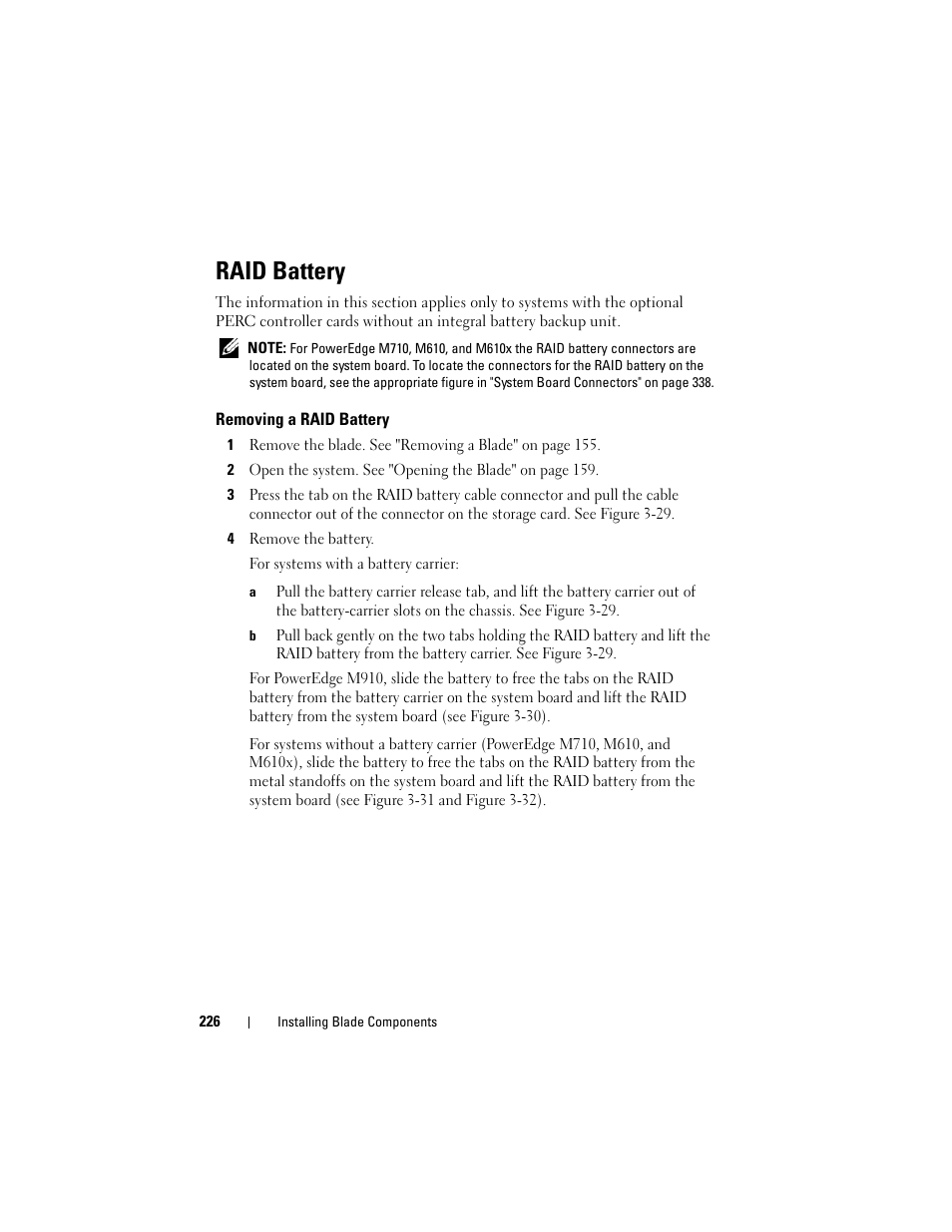 Raid battery, Removing a raid battery | Dell PowerEdge M610 User Manual | Page 226 / 368