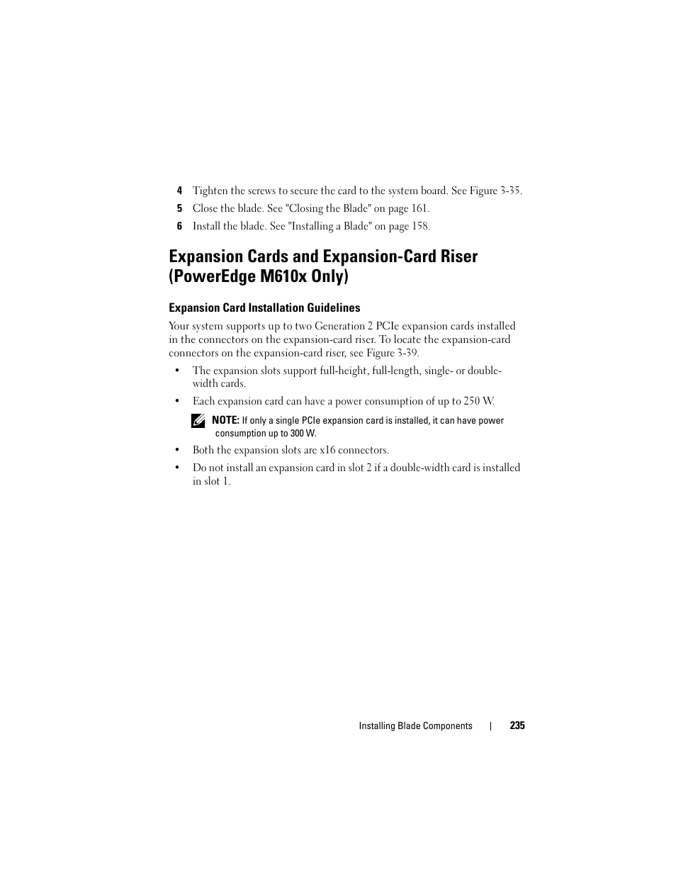Expansion card installation guidelines, Expansion, Cards and expansion-card | Riser (poweredge m610x, Ion, see "expansion, Card installation | Dell PowerEdge M610 User Manual | Page 235 / 368