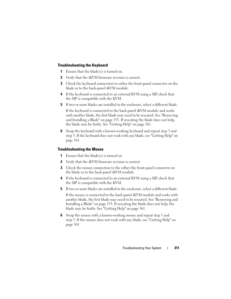 Troubleshooting the keyboard, Troubleshooting the mouse, Troubleshooting the keyboard" on | Dell PowerEdge M610 User Manual | Page 311 / 368