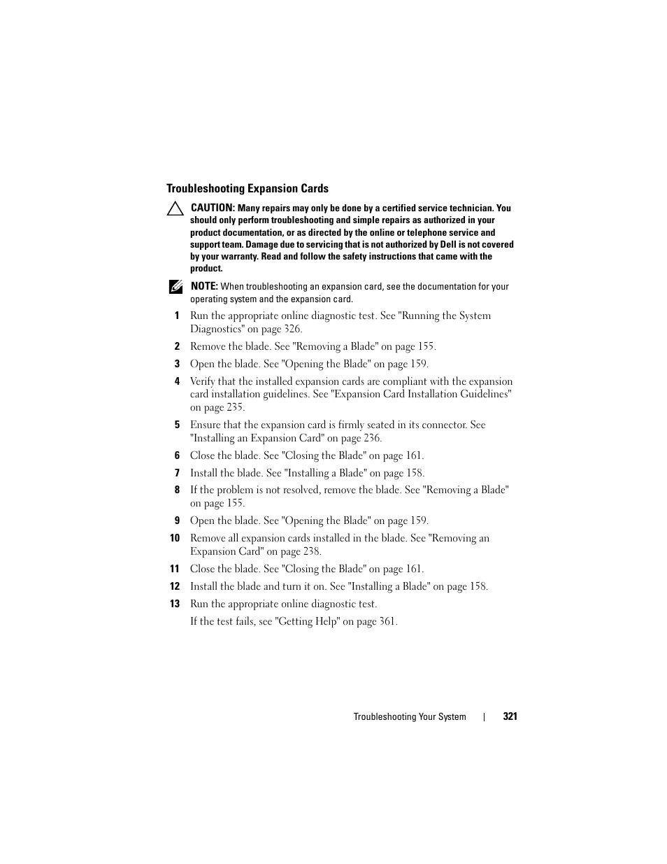 Troubleshooting expansion cards, Troubleshooting expansion | Dell PowerEdge M610 User Manual | Page 321 / 368