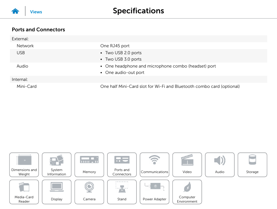Ports and, Connectors, Specifications | Ports and connectors | Dell Inspiron 20 (3045, Early 2014) User Manual | Page 10 / 20