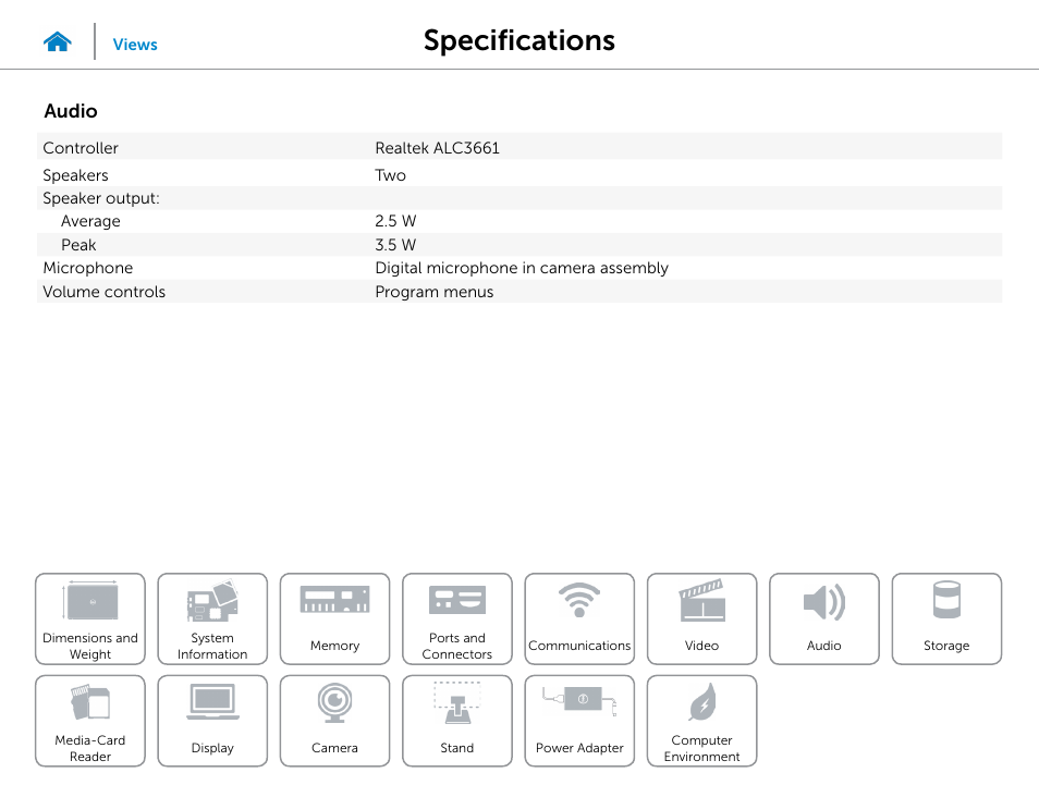 Audio, Specifications | Dell Inspiron 20 (3045, Early 2014) User Manual | Page 13 / 20