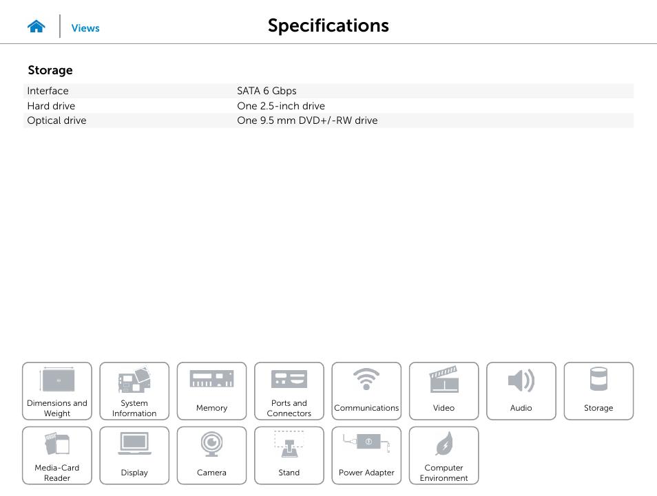 Storage, Specifications | Dell Inspiron 20 (3045, Early 2014) User Manual | Page 14 / 20