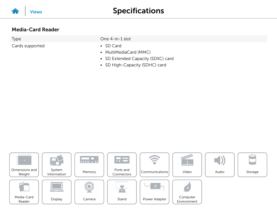 Media‑card, Reader, Specifications | Media-card reader | Dell Inspiron 20 (3045, Early 2014) User Manual | Page 15 / 20