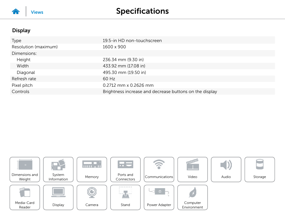 Display, Specifications | Dell Inspiron 20 (3045, Early 2014) User Manual | Page 16 / 20