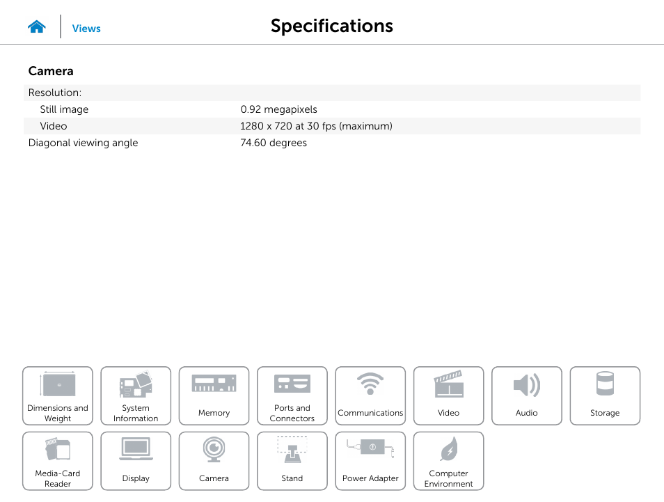 Camera, Specifications | Dell Inspiron 20 (3045, Early 2014) User Manual | Page 17 / 20