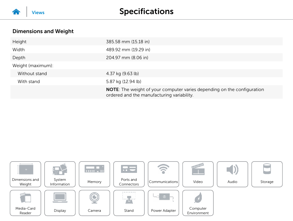 Specifications, Dimensions and weight | Dell Inspiron 20 (3045, Early 2014) User Manual | Page 7 / 20