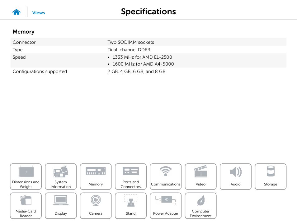 Memory, Specifications | Dell Inspiron 20 (3045, Early 2014) User Manual | Page 9 / 20