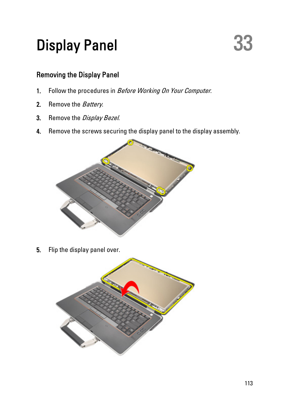 Display panel, Removing the display panel, 33 display panel | Dell Latitude E6420 ATG (Early 2011) User Manual | Page 113 / 145