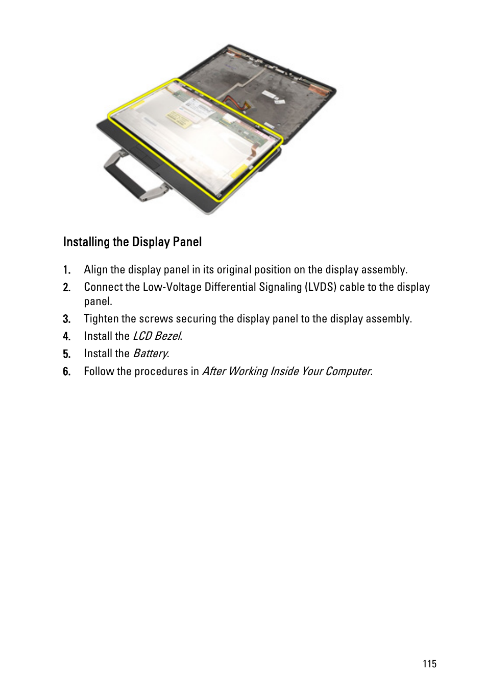 Installing the display panel | Dell Latitude E6420 ATG (Early 2011) User Manual | Page 115 / 145