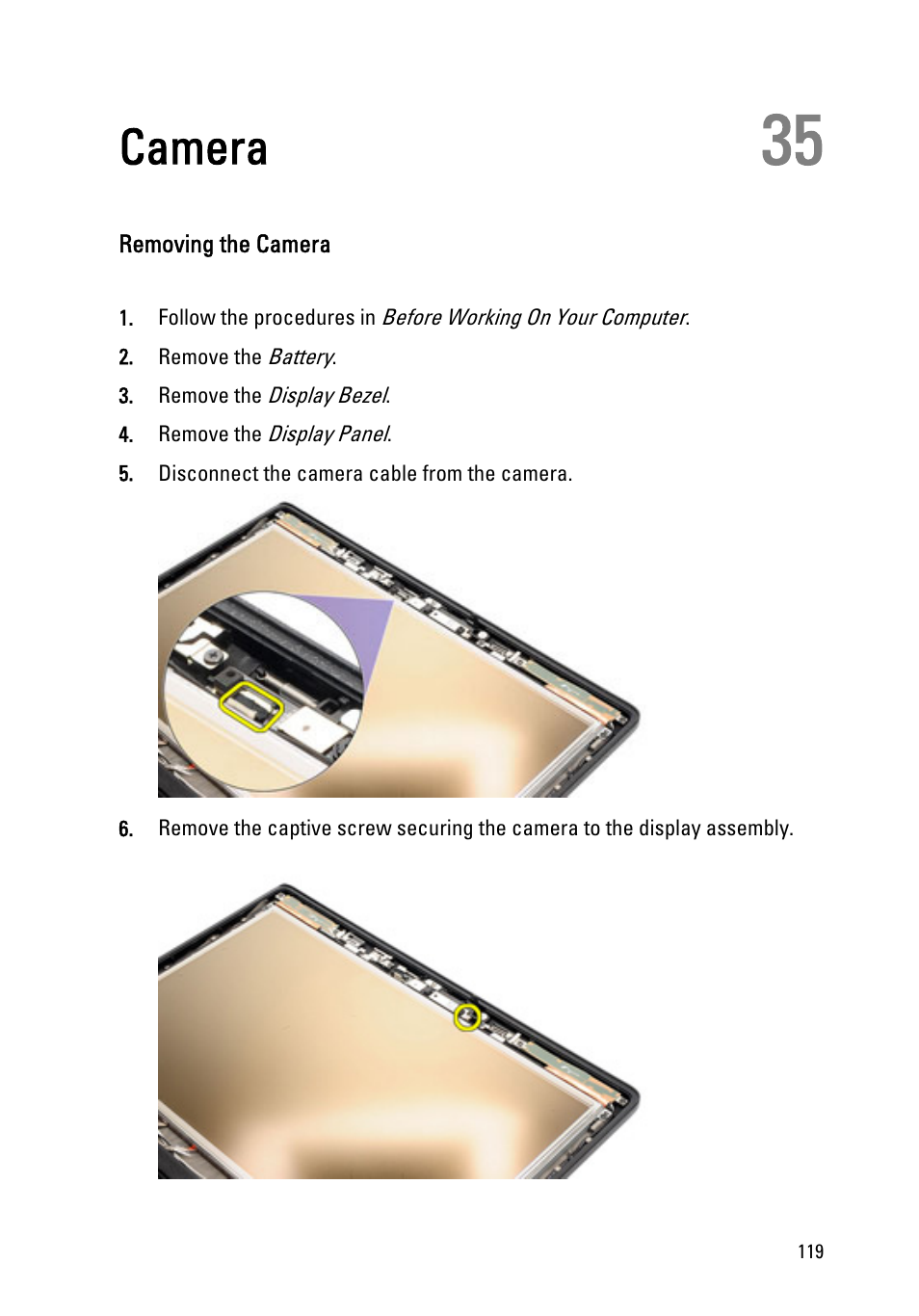 Camera, Removing the camera, 35 camera | Dell Latitude E6420 ATG (Early 2011) User Manual | Page 119 / 145