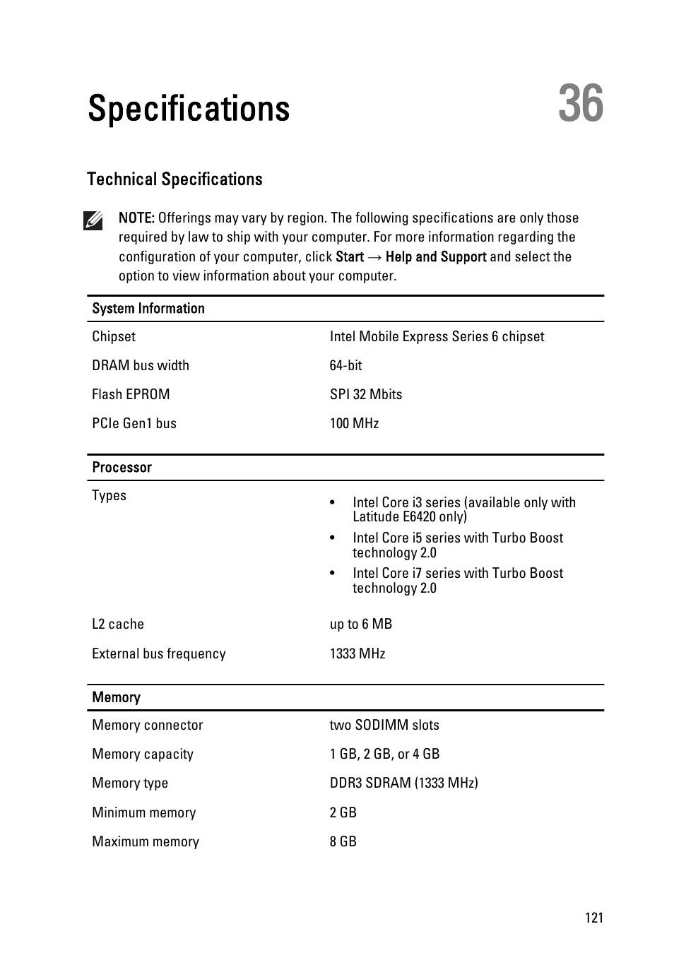 Specifications, Technical specifications, 36 specifications | Dell Latitude E6420 ATG (Early 2011) User Manual | Page 121 / 145