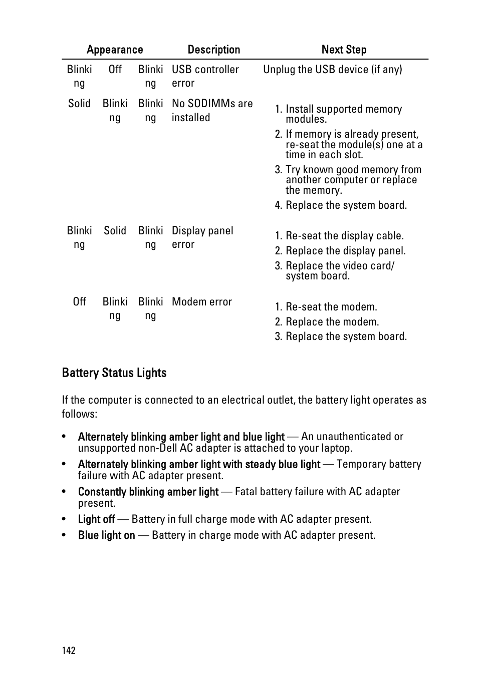 Battery status lights | Dell Latitude E6420 ATG (Early 2011) User Manual | Page 142 / 145