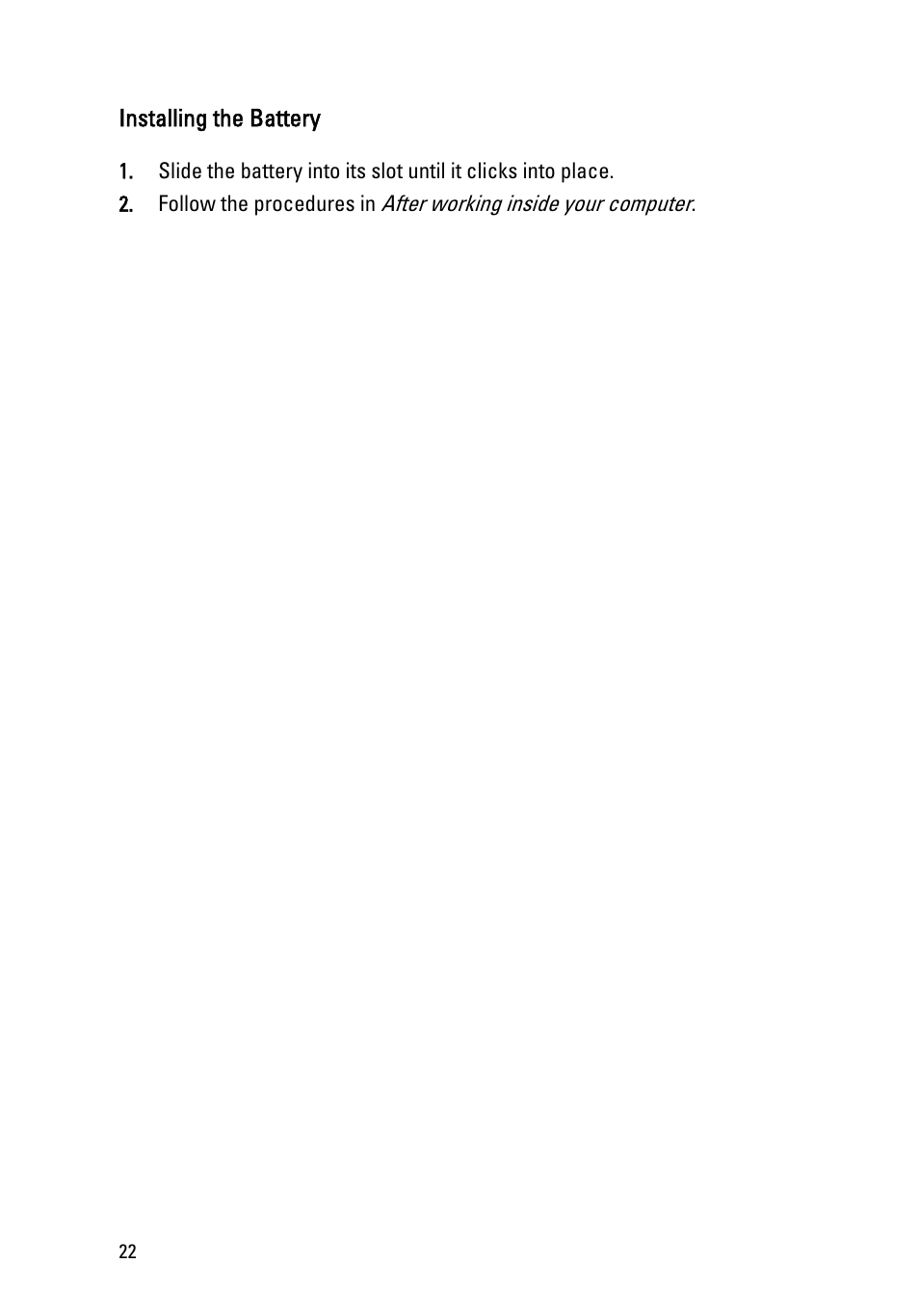 Installing the battery, Install the, Battery | Dell Latitude E6420 ATG (Early 2011) User Manual | Page 22 / 145