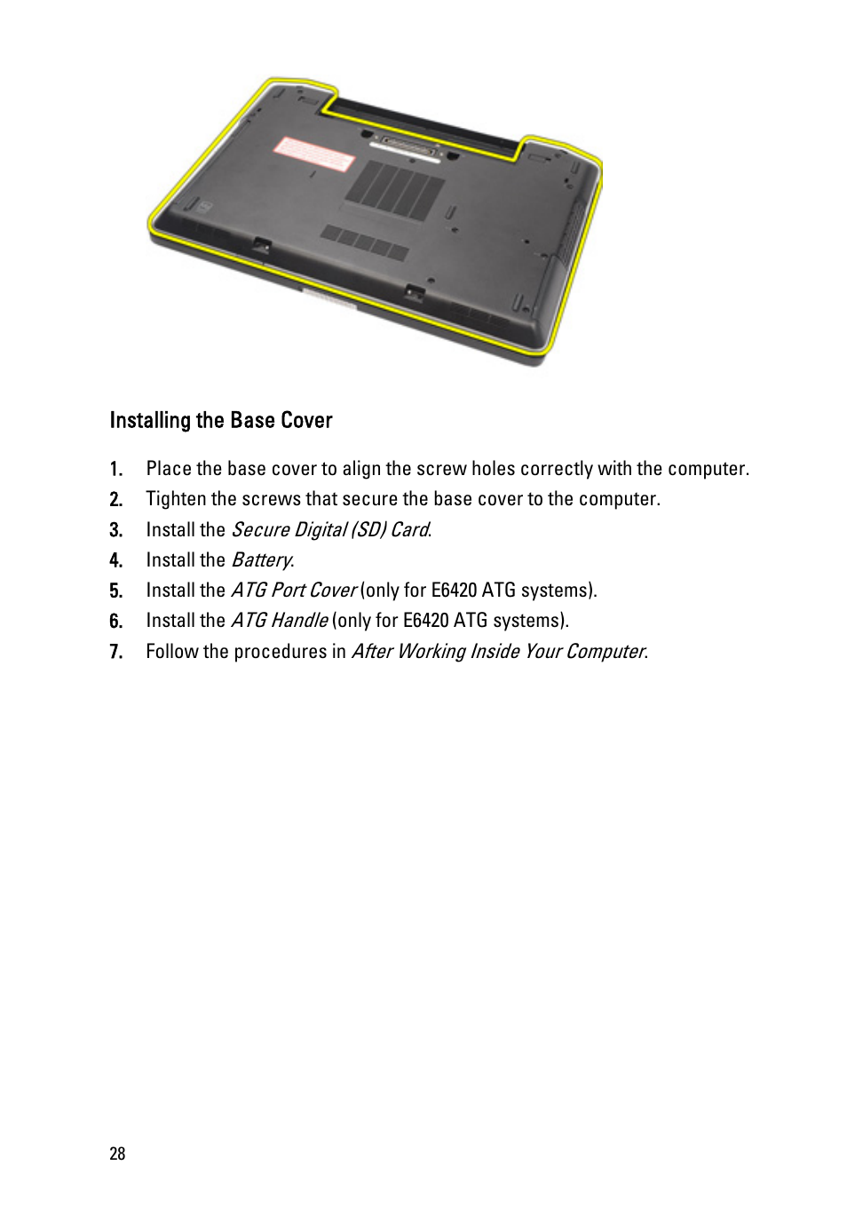 Installing the base cover | Dell Latitude E6420 ATG (Early 2011) User Manual | Page 28 / 145