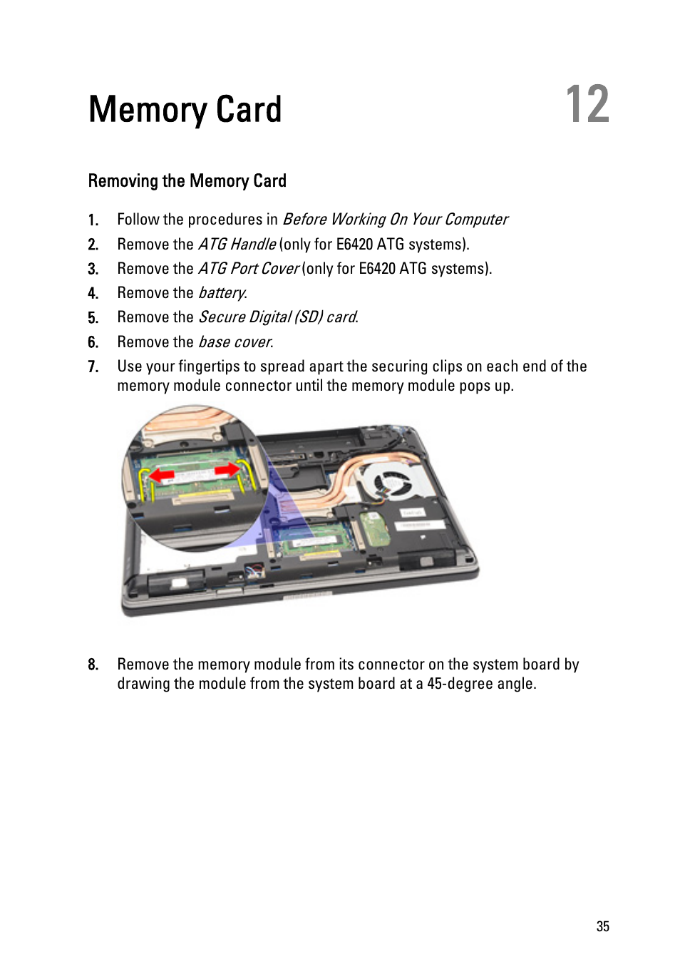 Memory card, Removing the memory card, 12 memory card | Dell Latitude E6420 ATG (Early 2011) User Manual | Page 35 / 145