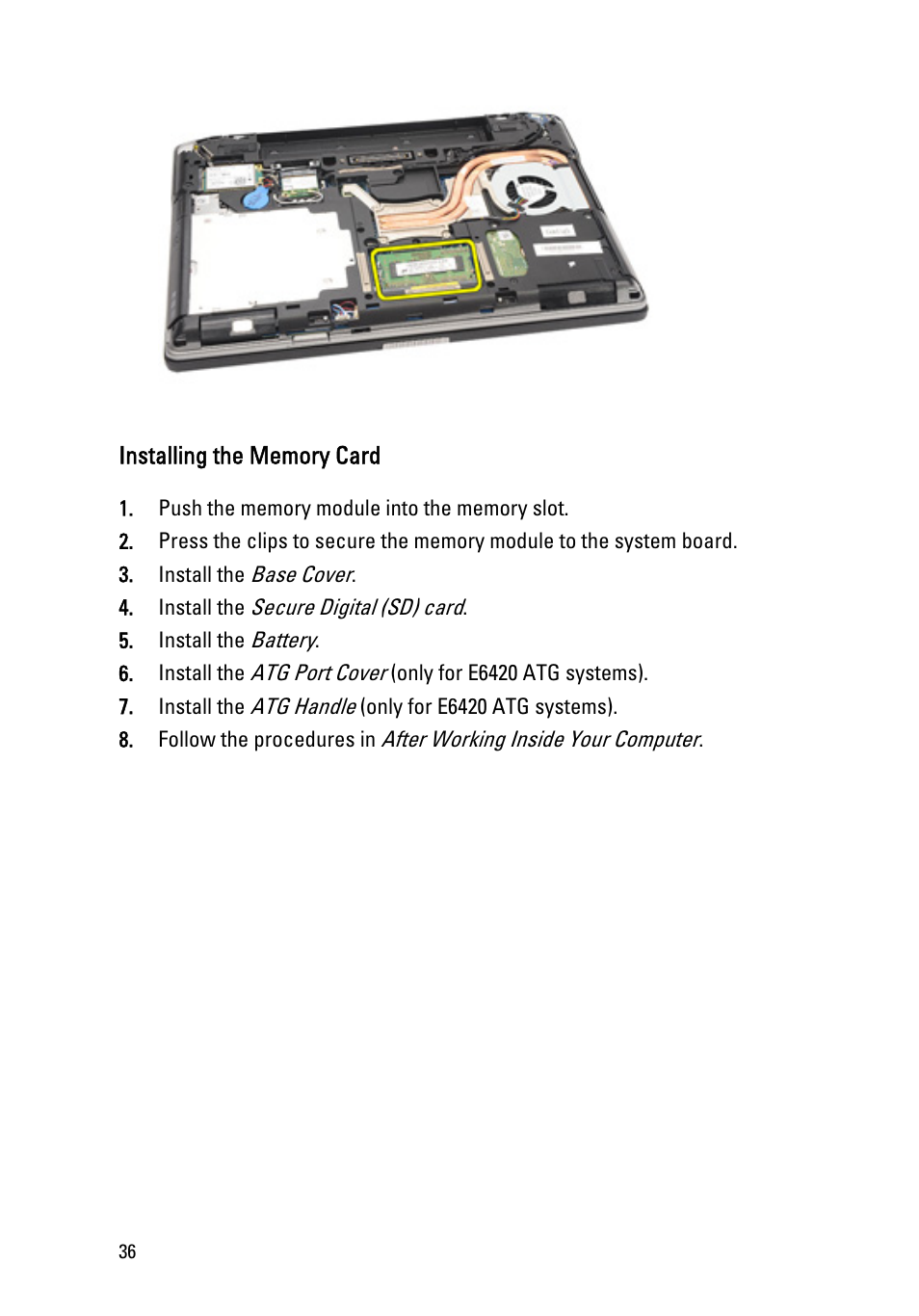 Installing the memory card | Dell Latitude E6420 ATG (Early 2011) User Manual | Page 36 / 145