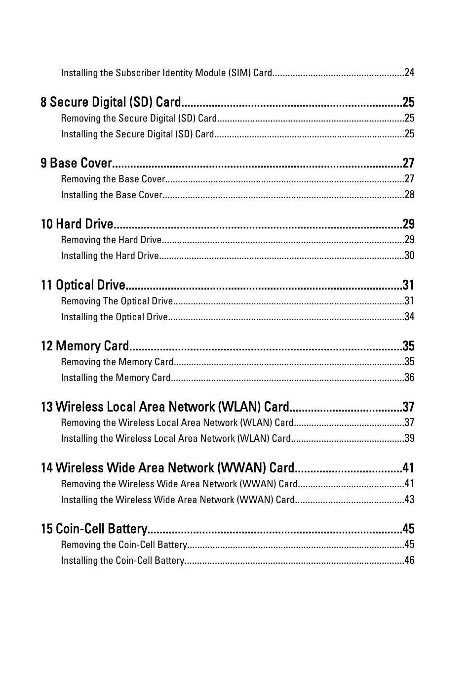 8 secure digital (sd) card, 9 base cover, 10 hard drive | 11 optical drive, 13 wireless local area network (wlan) card, 14 wireless wide area network (wwan) card, 15 coin-cell battery | Dell Latitude E6420 ATG (Early 2011) User Manual | Page 4 / 145