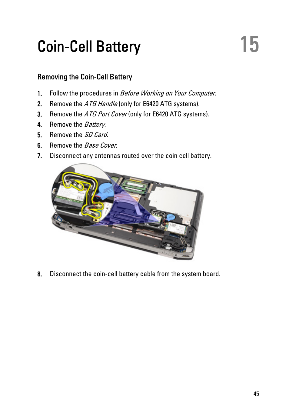 Coin-cell battery, Removing the coin-cell battery, 15 coin-cell battery | Dell Latitude E6420 ATG (Early 2011) User Manual | Page 45 / 145