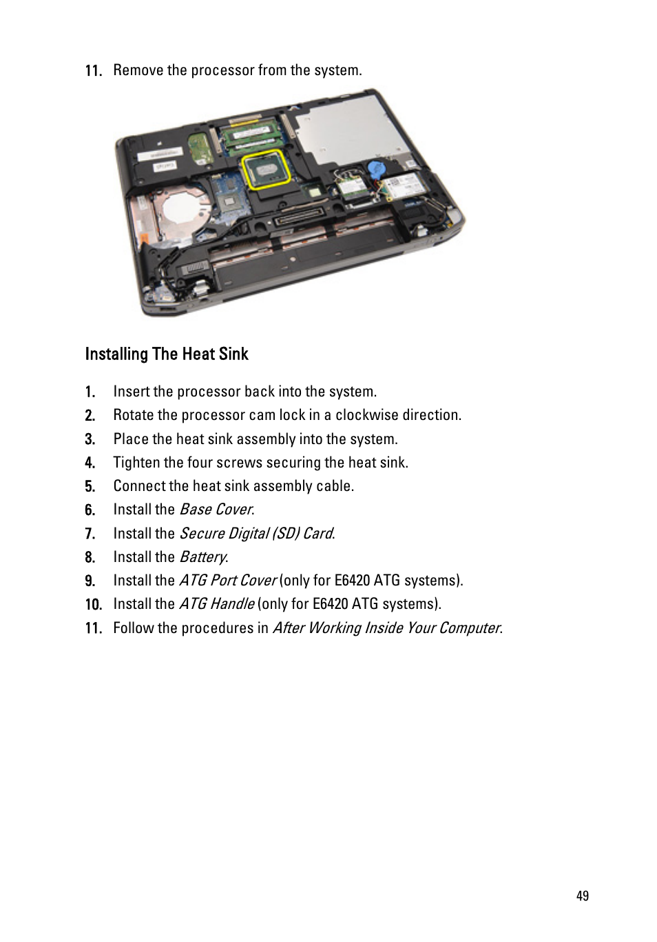 Installing the heat sink | Dell Latitude E6420 ATG (Early 2011) User Manual | Page 49 / 145