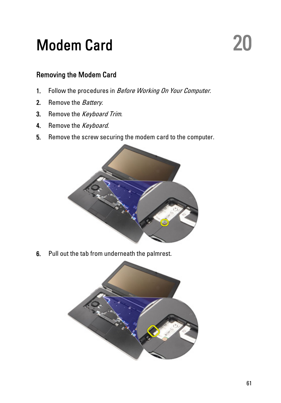 Modem card, Removing the modem card, 20 modem card | Dell Latitude E6420 ATG (Early 2011) User Manual | Page 61 / 145