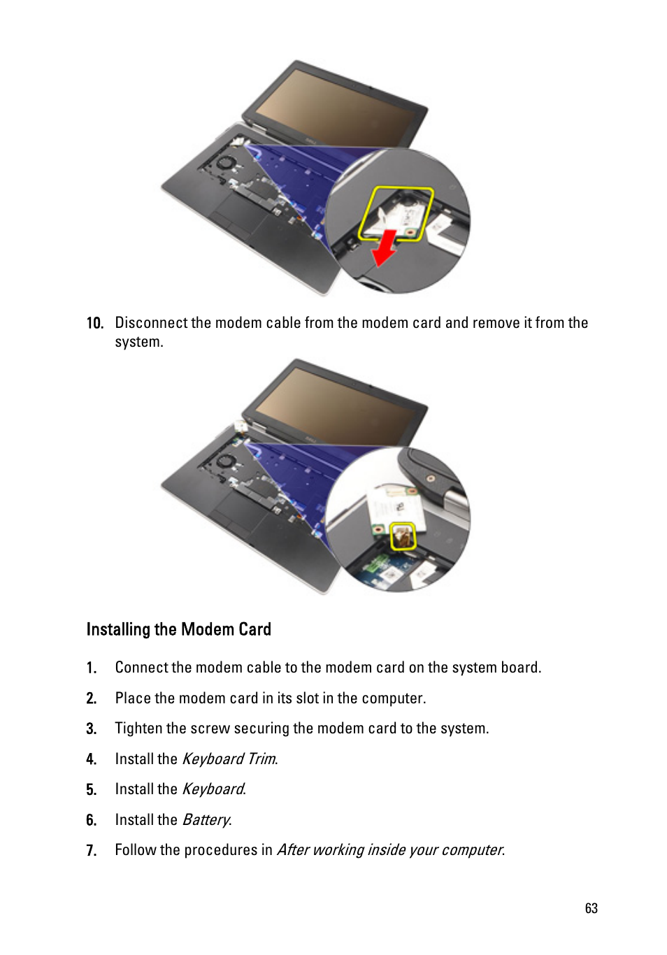 Installing the modem card | Dell Latitude E6420 ATG (Early 2011) User Manual | Page 63 / 145