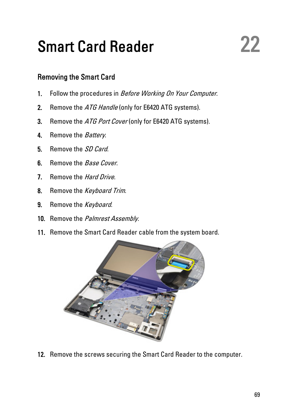 Smart card reader, Removing the smart card, 22 smart card reader | Dell Latitude E6420 ATG (Early 2011) User Manual | Page 69 / 145
