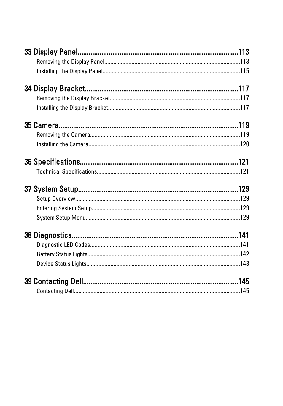 33 display panel, 34 display bracket, 35 camera | 36 specifications, 37 system setup, 38 diagnostics, 39 contacting dell | Dell Latitude E6420 ATG (Early 2011) User Manual | Page 7 / 145