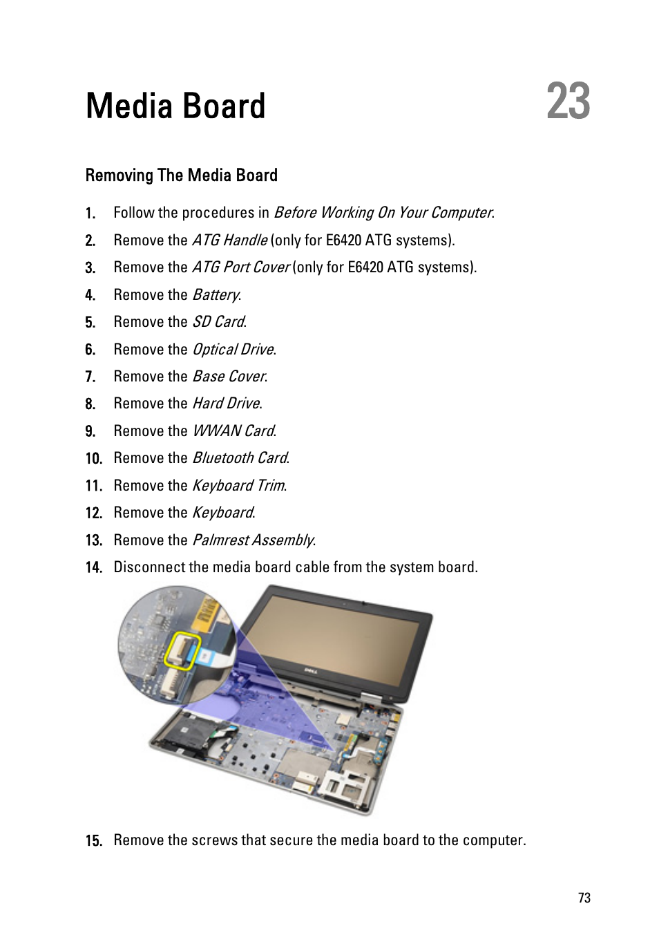 Media board, Removing the media board, 23 media board | Dell Latitude E6420 ATG (Early 2011) User Manual | Page 73 / 145